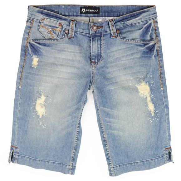 PJ Petrol Women's Tommie Bermuda Denim Jean Shorts Embellished Ripped Stretch 6 - Picture 1 of 7
